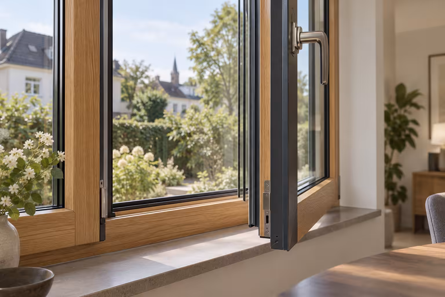 Modernes Holz-Aluminium-Fenster mit Eichenholz innen und Aluminiumverkleidung außen in Hannover