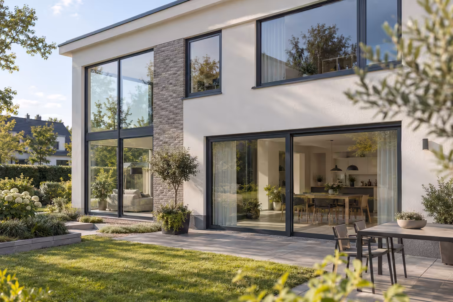Moderne Schüco Fenster mit anthrazitfarbenen Rahmen an einem Wohnhaus in Hannover
