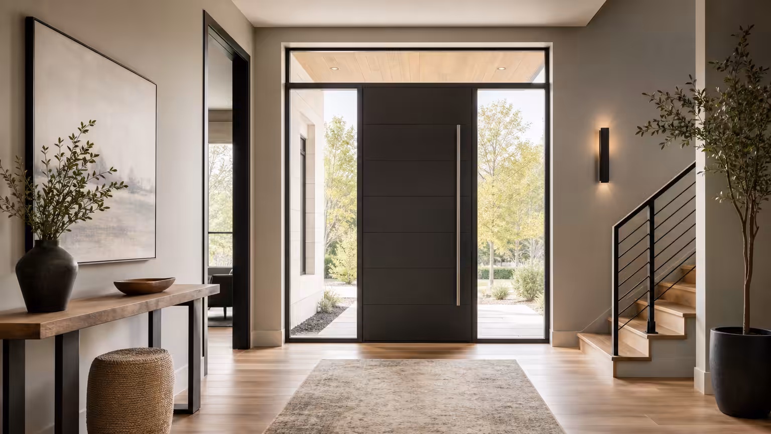 Contemporary front door installed in a modern entryway with natural light for a window and door supplier
